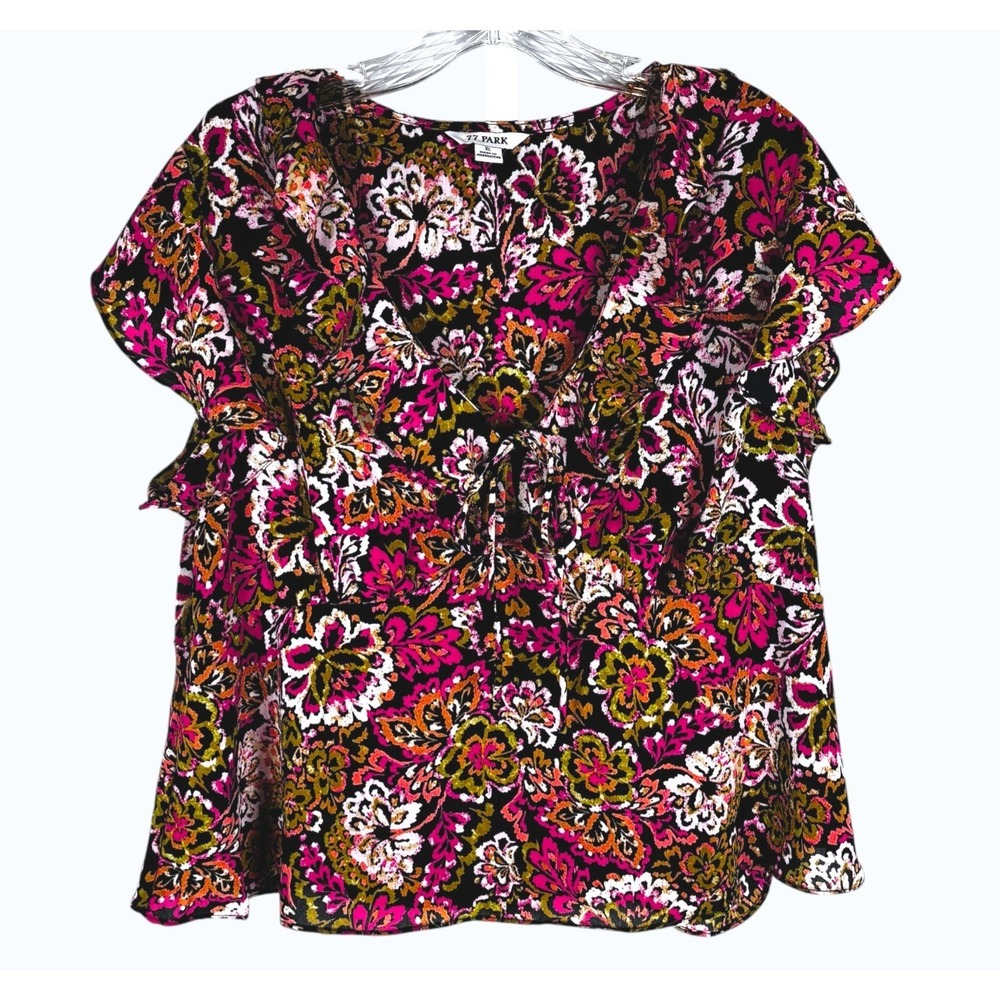 77Park Floral Ruffle Top Sz XL Vibrant Bright Breezy Boho Romantic Summer Resort